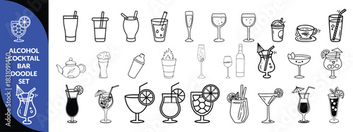 Alcohol cocktail bar doodle set, vector hand drawn beverages party illustration, champagne glasses. Waiter arm with tray, bartender preparing drinks, gin bottle menu line icon. Cocktail big  set .