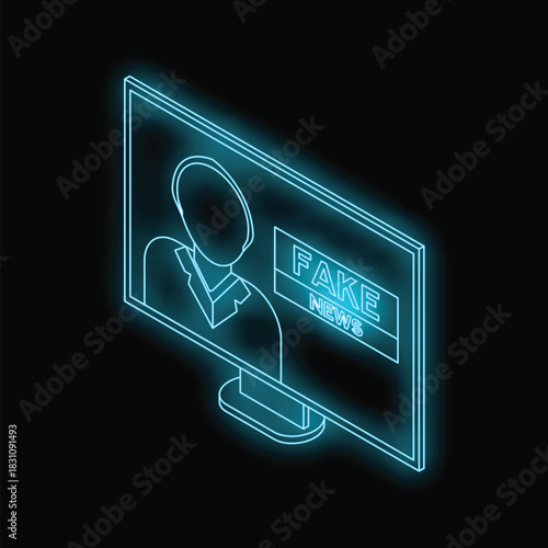 Glowing neon fake news icon depicting television broadcasting misinformation with news anchor