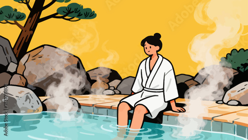 This serene illustration depicts a woman relaxing in a steaming hot spring (onsen), surrounded by rocks and lush greenery, with a calm, content expression on her face.