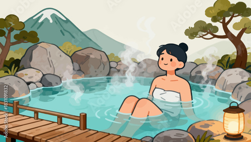 This serene illustration depicts a woman relaxing in a steaming hot spring (onsen), surrounded by rocks and lush greenery, with a calm, content expression on her face.