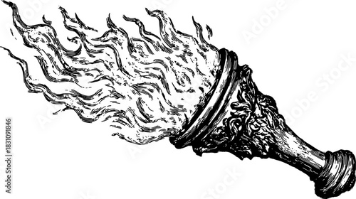 Torch with flame in vintage engraving style. Intricate outline features create a unique vector illustration.