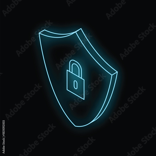 Neon blue shield with a padlock, symbolizing data protection and digital security