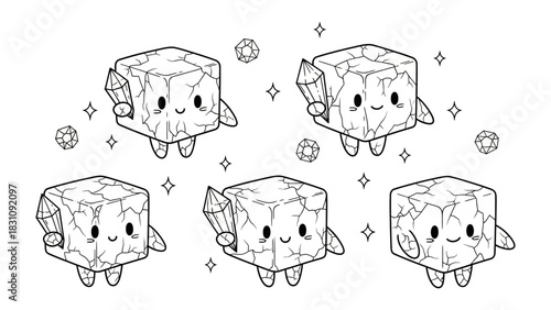 Gemstone Cubes: A whimsical illustration showcases adorable gemstone cubes, each radiating charm and holding crystals, creating a scene of delightful fantasy.