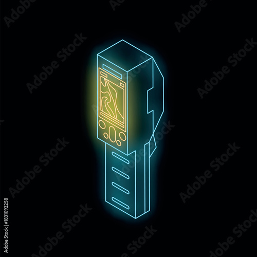 Gps navigator device showing map with neon light effect on black background