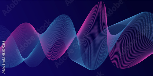 Dark abstract background with glowing wave. Shiny moving lines design element. Modern purple blue gradient flowing wave lines. Futuristic technology concept. Vector illustration