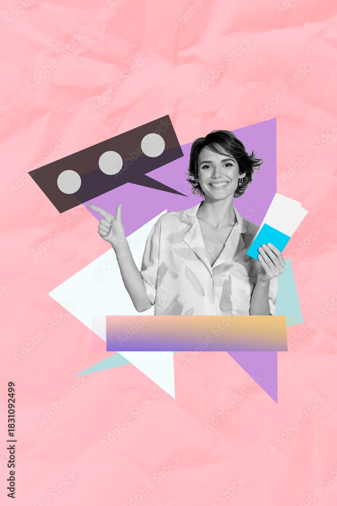 Naklejka premium Composite photo collage of portrait young lady finger point smile hold tickets tag message quote sticker bubbletourist relax holiday trip