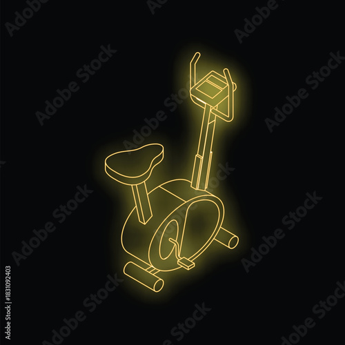 Neon stationary bicycle glowing on a black background, representing fitness, exercise, and healthy lifestyle
