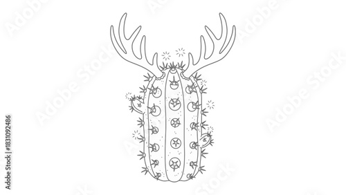 Festive Cactus with Antlers: A charming illustration depicts a cactus adorned with antlers and festive ornaments, creating a unique blend of nature and holiday cheer. 