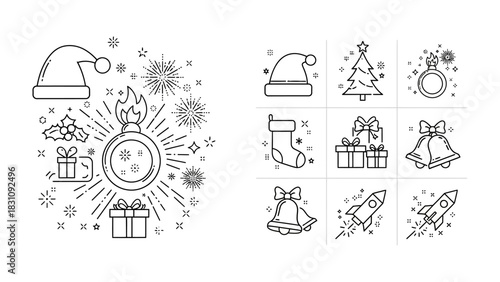 Festive Icon Collection: A comprehensive set of holiday-themed illustrations, featuring essential elements such as Santa hats, ornaments, and gifts.