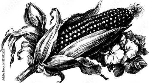 Vintage corn engraving in black outline with detailed leaves and flowers. A botanical illustration in vector format, featuring nature's beauty in a set.