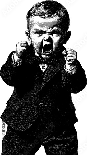 Angry boy in a suit, expressing frustration. Black and white vector illustration in vintage engraving style.