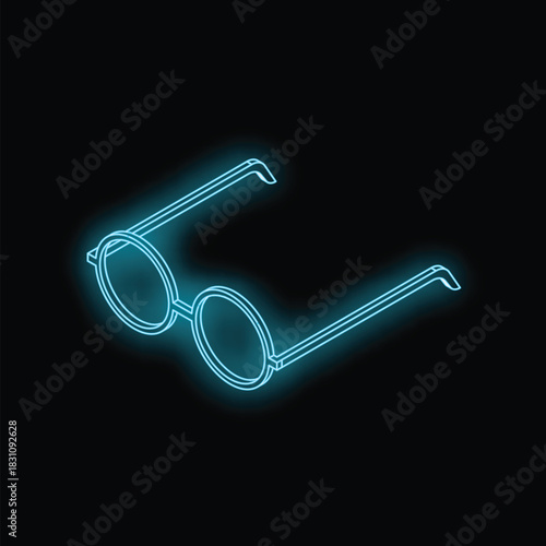 Glowing round spectacles with neon light in isometric view on a black background, representing vision, style, and modern aesthetics