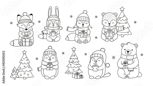 Festive Forest Friends: An assortment of cute woodland creatures, adorned in cozy winter attire, celebrate the season. This delightful illustration evokes warmth and holiday cheer.