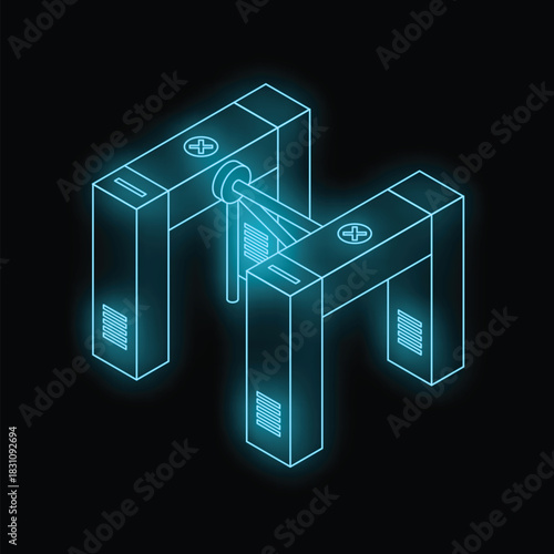 Neon blue turnstile controlling access in a futuristic, minimalist style, glowing against a dark backdrop
