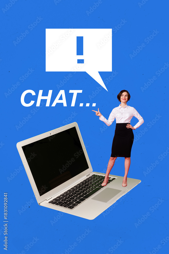 Fototapeta premium Trend template sketch design collage of young lady stand laptop speech cloud finger point display conversation chat dialog communication