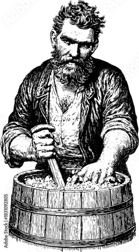 Man with a beard using hands to pound grain in a wooden barrel. Antique vector illustration highlighting traditional craft and rural culture.