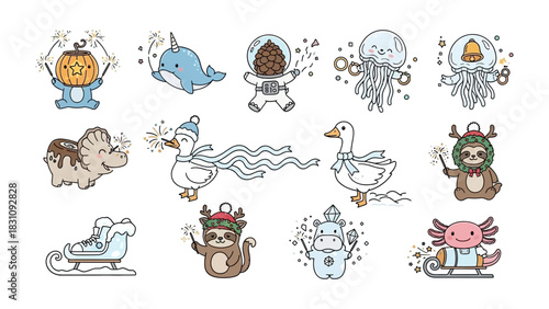 Cute Creature Collection: a charming collection of adorable creatures with winter and holiday elements. Each character radiates joy, making this perfect for festive greetings and designs.