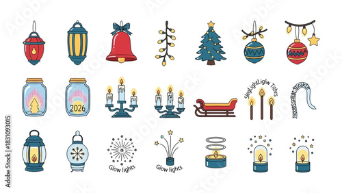Festive Holiday Illustration: A collection of charming festive ornaments, lights, and symbols of the season, evoking a sense of joy and celebration.
