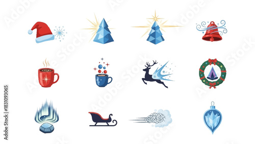 Holiday Icons Collage: An array of festive icons embodies the magic of the season, each element contributing to the joy of year-end celebration. A blend of joy, wonder, and seasonal spirit.