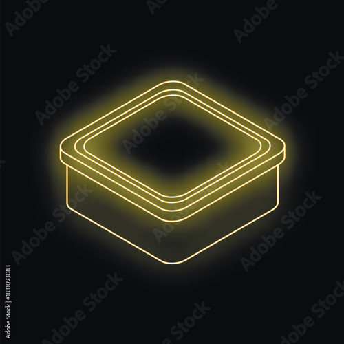 Neon yellow glowing outline of generic food container radiating on dark background