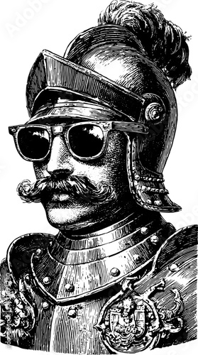 Knight wearing a helmet and sunglasses. Vintage vector illustration featuring detailed line art and retro elements in this classic set.