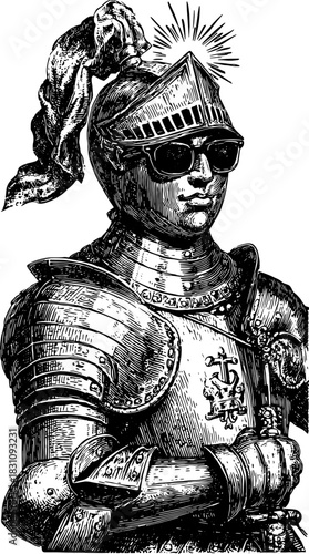 Knight engraving in vintage style. Detailed silhouette with glasses, shield, and sword, representing historical themes in this vector illustration.