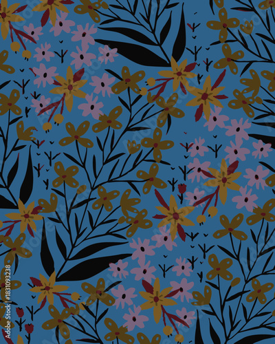 Vintage seamless floral pattern. Liberty style background of small golden orange flowers. Small flowers scattered over a white background. Stock vector for printing on surfaces. Realistic flowers.