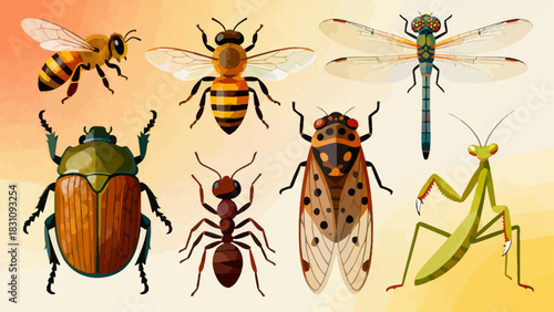 This vibrant illustration displays a diverse collection of colorful insects—including bees, ants, a beetle, dragonfly, mantises, grasshoppers, a fly, and a wasp