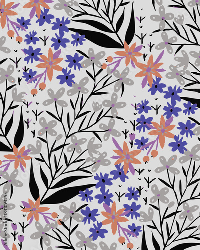 Vintage seamless floral pattern. Liberty style background of small golden orange flowers. Small flowers scattered over a white background. Stock vector for printing on surfaces. Realistic flowers.