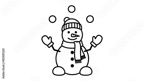 Snowman Juggling: A whimsical snowman with a carrot nose and a playful hat juggles three snowballs, embodying the joy of winter fun. 
