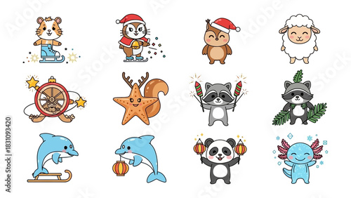 Christmas Animal Emblems: Festive illustrations of charming animals adorned with seasonal elements, such as Santa hats, twinkling stars, and holiday ornaments, creating a joyful, heartwarming vibe.