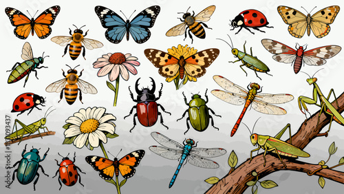 This vibrant illustration displays a diverse collection of colorful insects—including bees, ants, a beetle, dragonfly, mantises, grasshoppers, a fly, and a wasp