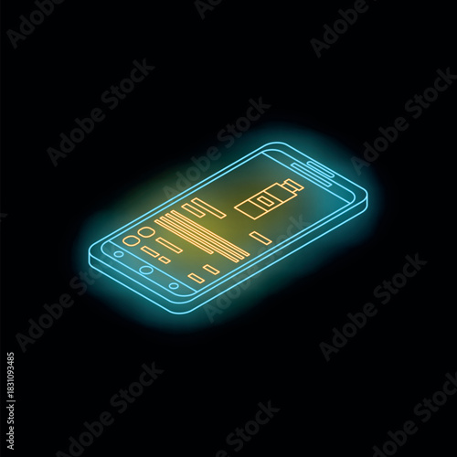 Glowing neon smartphone displays vaping advertisement, highlighting online marketing for e cigarettes