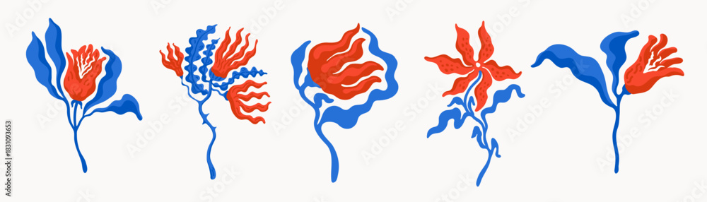 Naklejka premium Wildflower abstract Scandinavian floral set in red and blue. Decorative spring flowers and leaves in modern folk art style, ideal for stationery, textile prints, and vector illustration