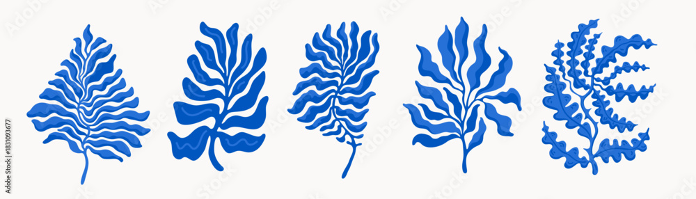 Obraz premium Abstract organic wavy plant shapes in blue. Decorative vector foliage elements with fluid pattern design, ideal for textile prints, packaging, wallpapers, and modern botanical illustrations.