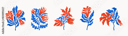 Floral set with wavy flower vector illustrations in Scandinavian style. Red and blue flowers, abstract floral design, perfect for prints, posters, and decorative artwork