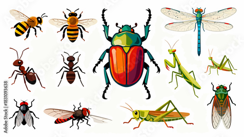 This vibrant illustration displays a diverse collection of colorful insects—including bees, ants, a beetle, dragonfly, mantises, grasshoppers, a fly, and a wasp
