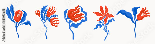 Wildflower abstract Scandinavian floral set in red and blue. Decorative spring flowers and leaves in modern folk art style, ideal for stationery, textile prints, and vector illustration