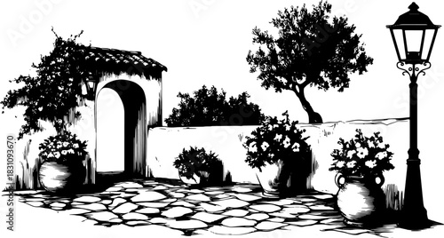 Garden pathway with an archway and lamp. Black and white illustration featuring outdoor plants and pottery in a tranquil landscape vector.