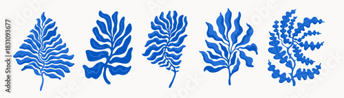 Abstract organic wavy plant shapes in blue. Decorative vector foliage elements with fluid pattern design, ideal for textile prints, packaging, wallpapers, and modern botanical illustrations.
