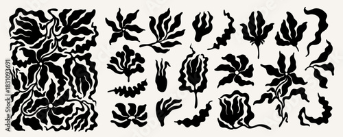 Abstract flower and plant vector set in bold black silhouette with groovy wavy shapes. Floral collection for retro patterns, posters, prints, cards, and modern decorative projects