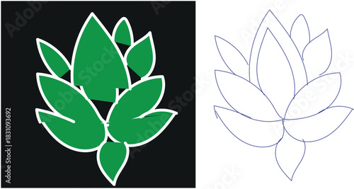  Two stylized lotus flower designs, one solid green icon on black and one simple blue outline drawing, representing nature and spirituality