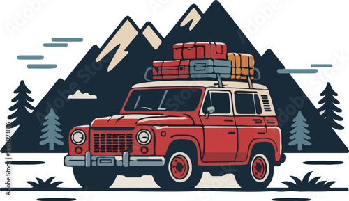 Red fire truck vector illustration on road isolated vehicle transport emergency rescue vintage auto model