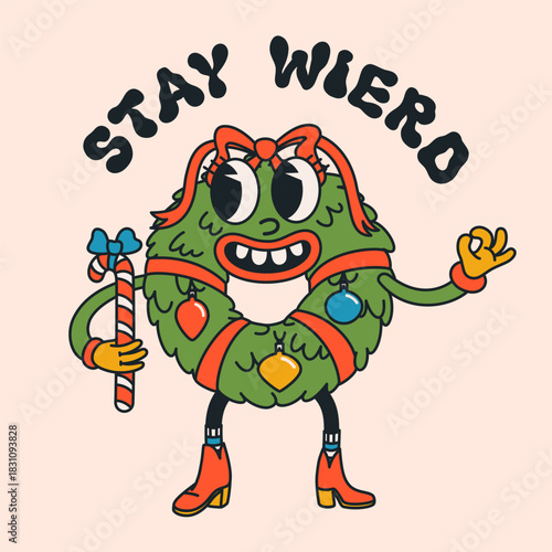 Groovy Christmas wreath character with retro cartoon face holding a candy cane. Festive wreath design with ornaments, boots and playful holiday style. Vector illustration.
