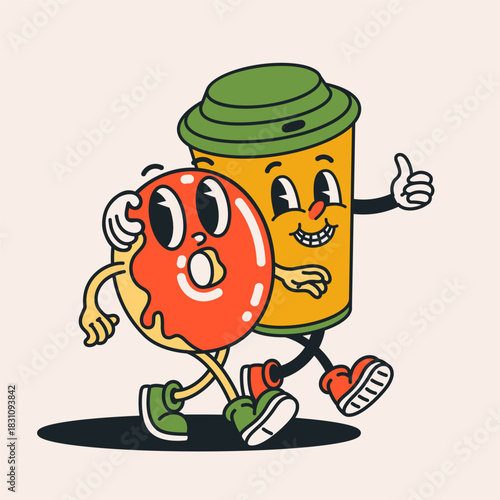 Retro groovy cartoon characters of coffee cup and donut walking together. Pla...