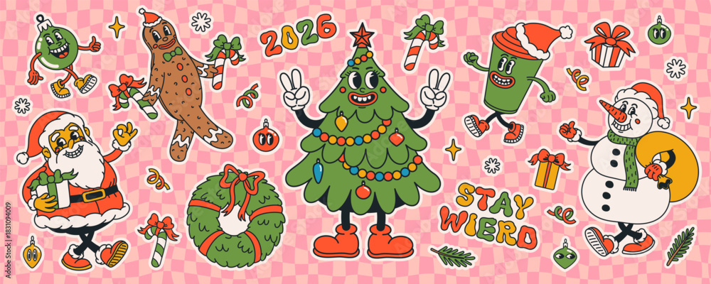 Fototapeta premium Vintage Christmas sticker collection with cheerful Santa, Christmas tree, snowman and gingerbread. Groovy cartoon retro designs perfect for festive posters, greeting cards, and seasonal decorations