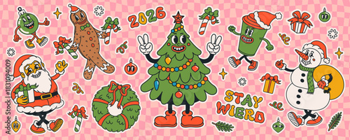 Vintage Christmas sticker collection with cheerful Santa, Christmas tree, snowman and gingerbread. Groovy cartoon retro designs perfect for festive posters, greeting cards, and seasonal decorations