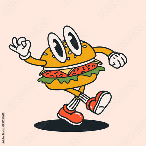 Groovy retro burger character with playful face and funky 70s aesthetic, Vintage food illustration for stickers, fast food branding, stickers, and menu designs