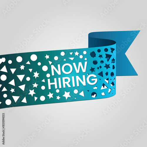 Now hiring banner with geometric cutout pattern and blue accent