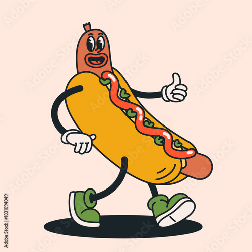 Retro hot dog character in a playful cartoon style with smiley face and livel...